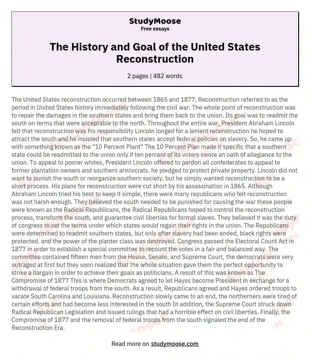 The History and Goal of the United States Reconstruction essay