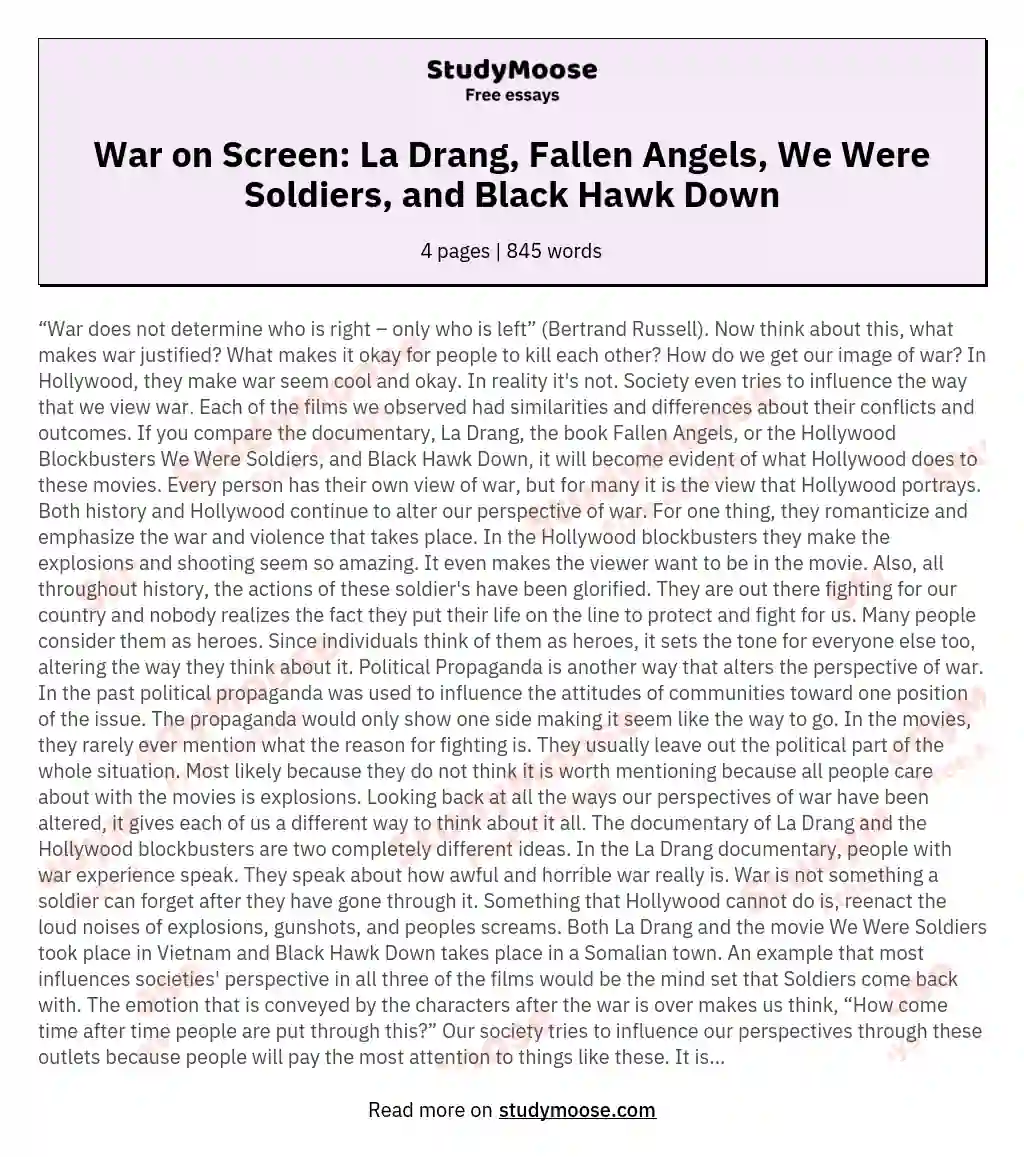 War on Screen: La Drang, Fallen Angels, We Were Soldiers, and Black Hawk Down essay