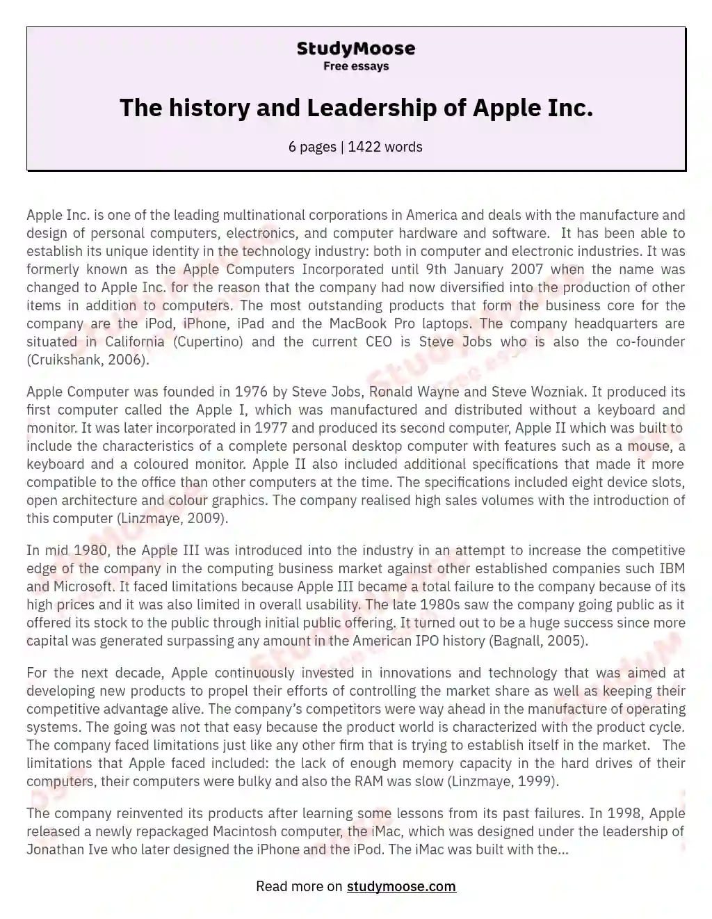 The history and Leadership of Apple Inc. essay