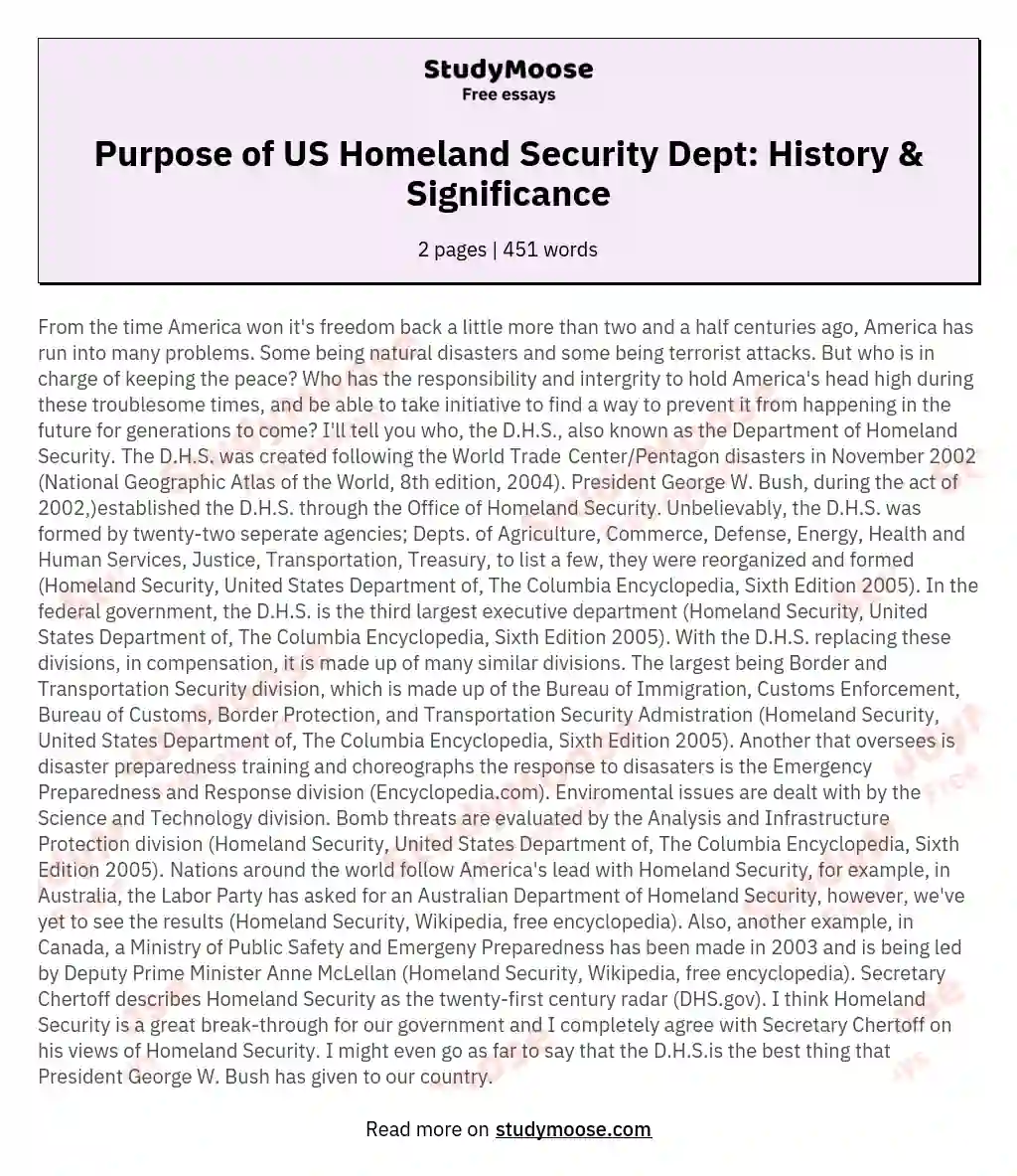 Purpose of US Homeland Security Dept: History & Significance essay