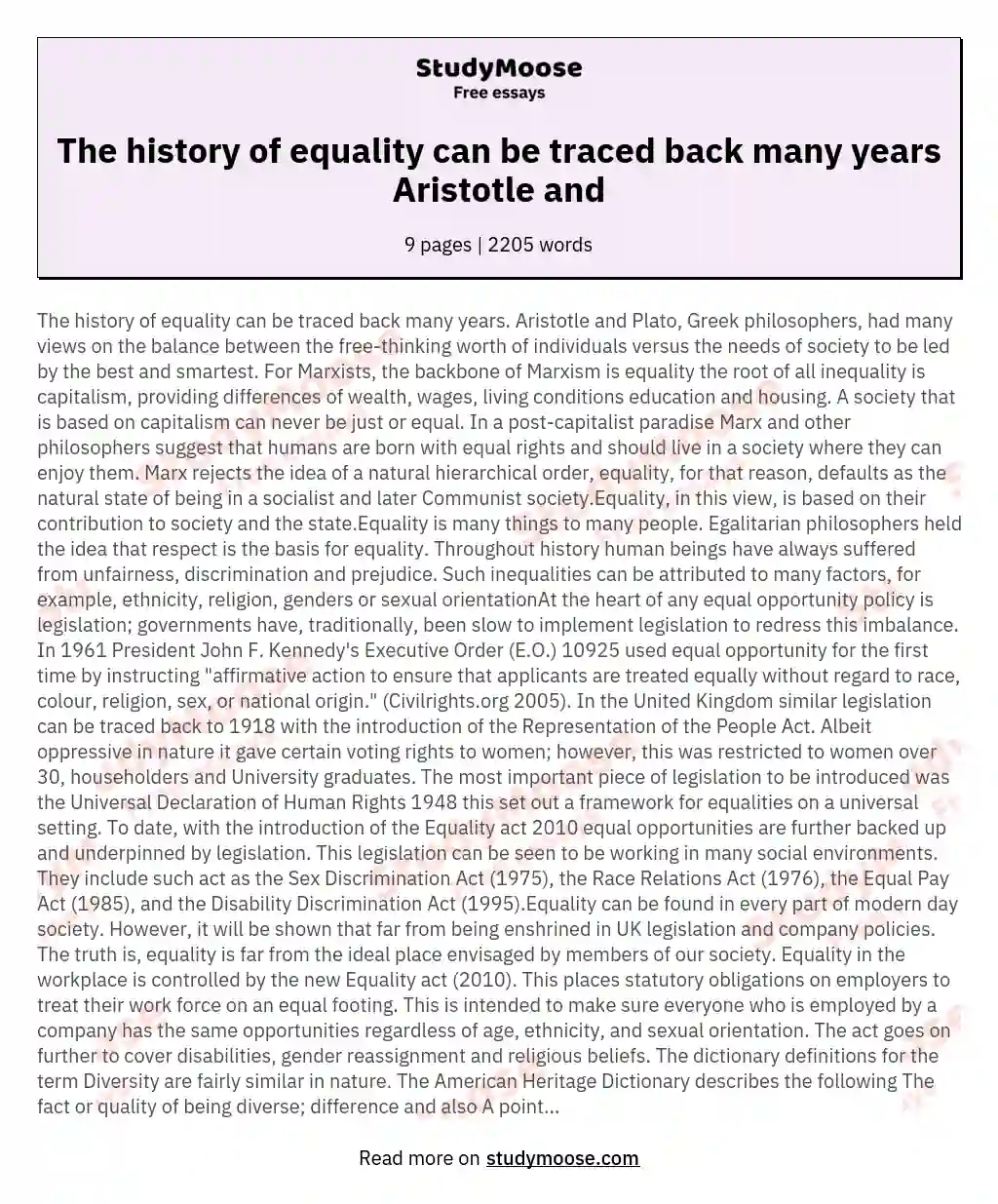 The history of equality can be traced back many years Aristotle and essay