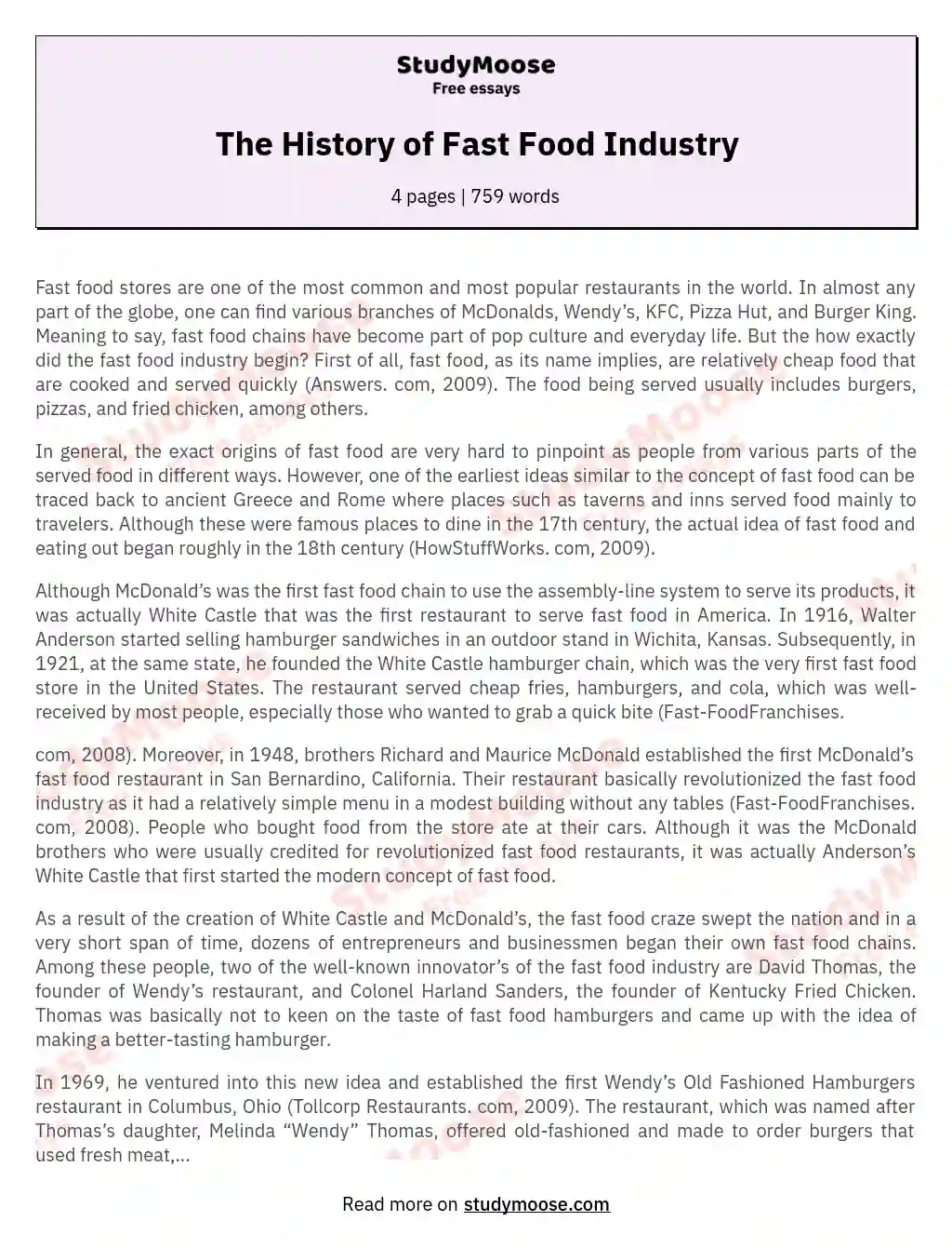 The History of Fast Food Industry essay