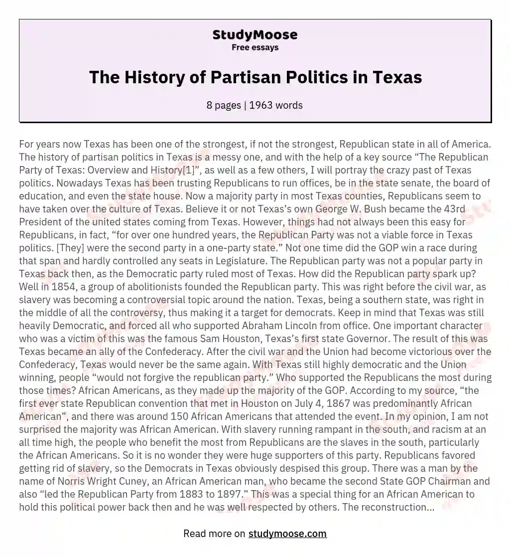 The History of Partisan Politics in Texas essay