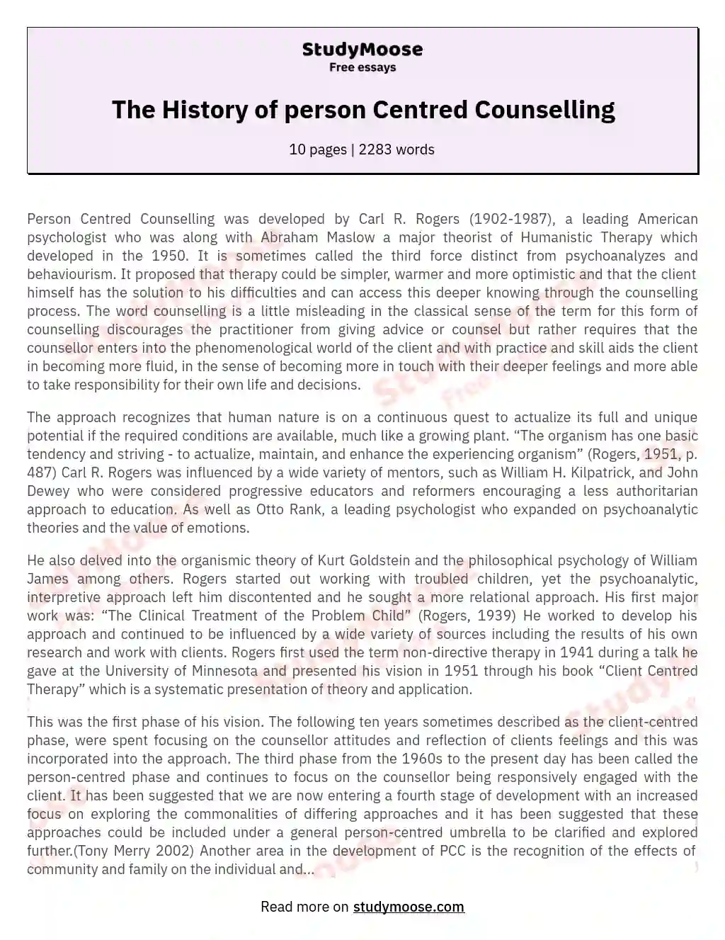 The History of person Centred Counselling essay