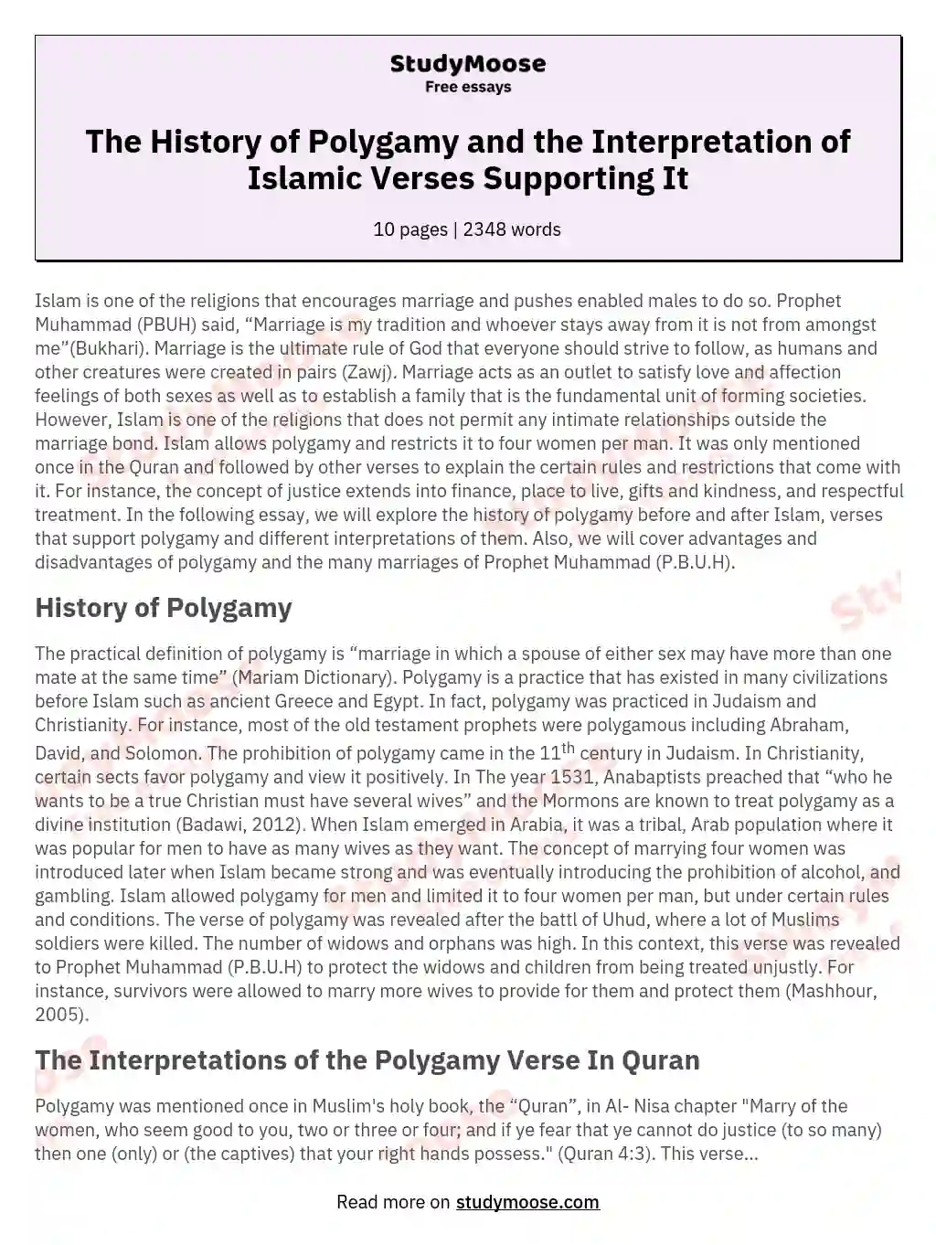 The History of Polygamy and the Interpretation of Islamic Verses Supporting It essay