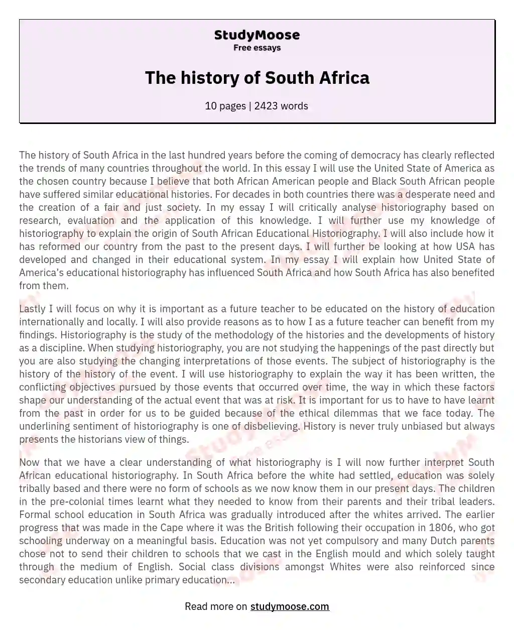 The history of South Africa essay