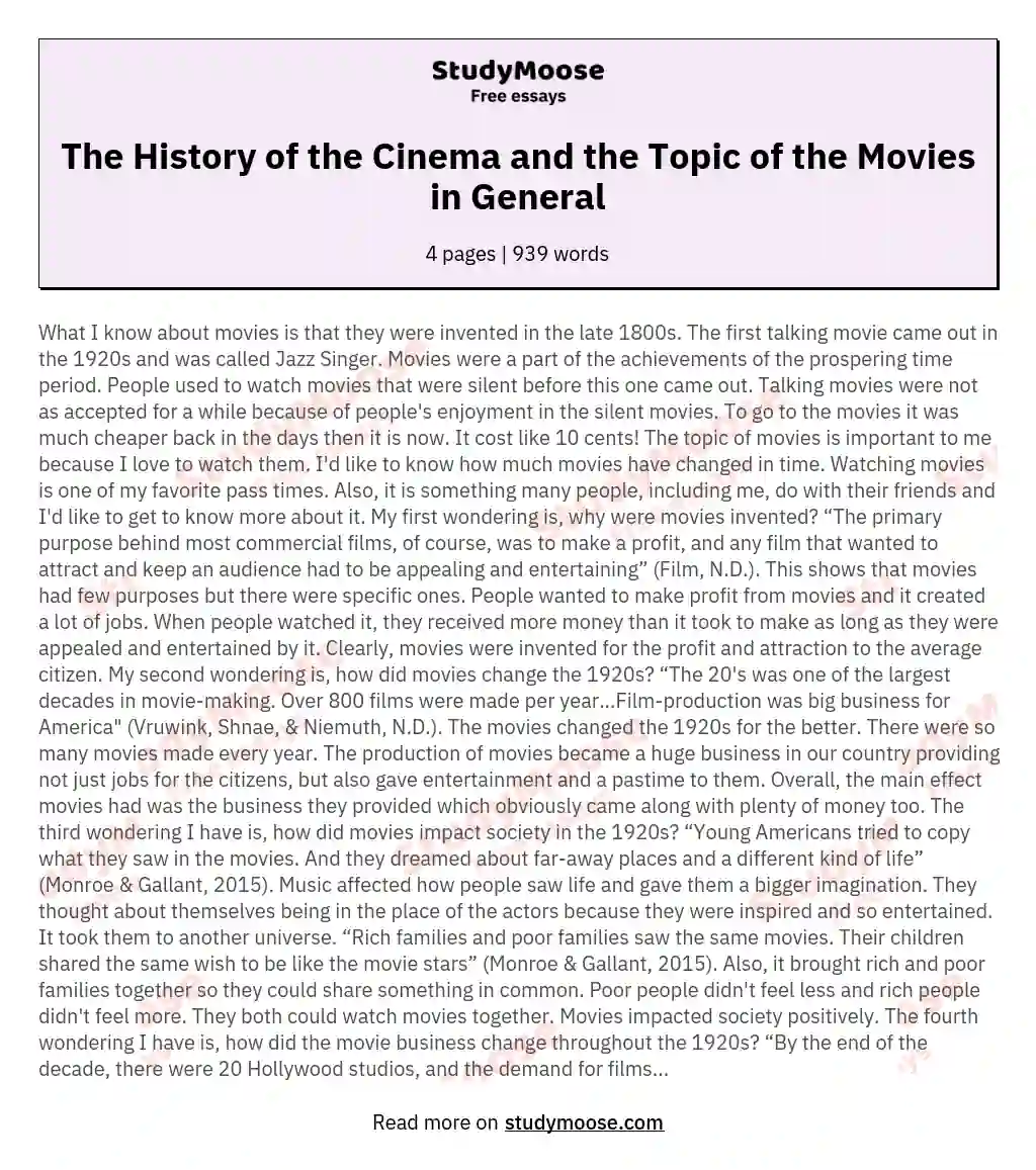 history of the cinema essay