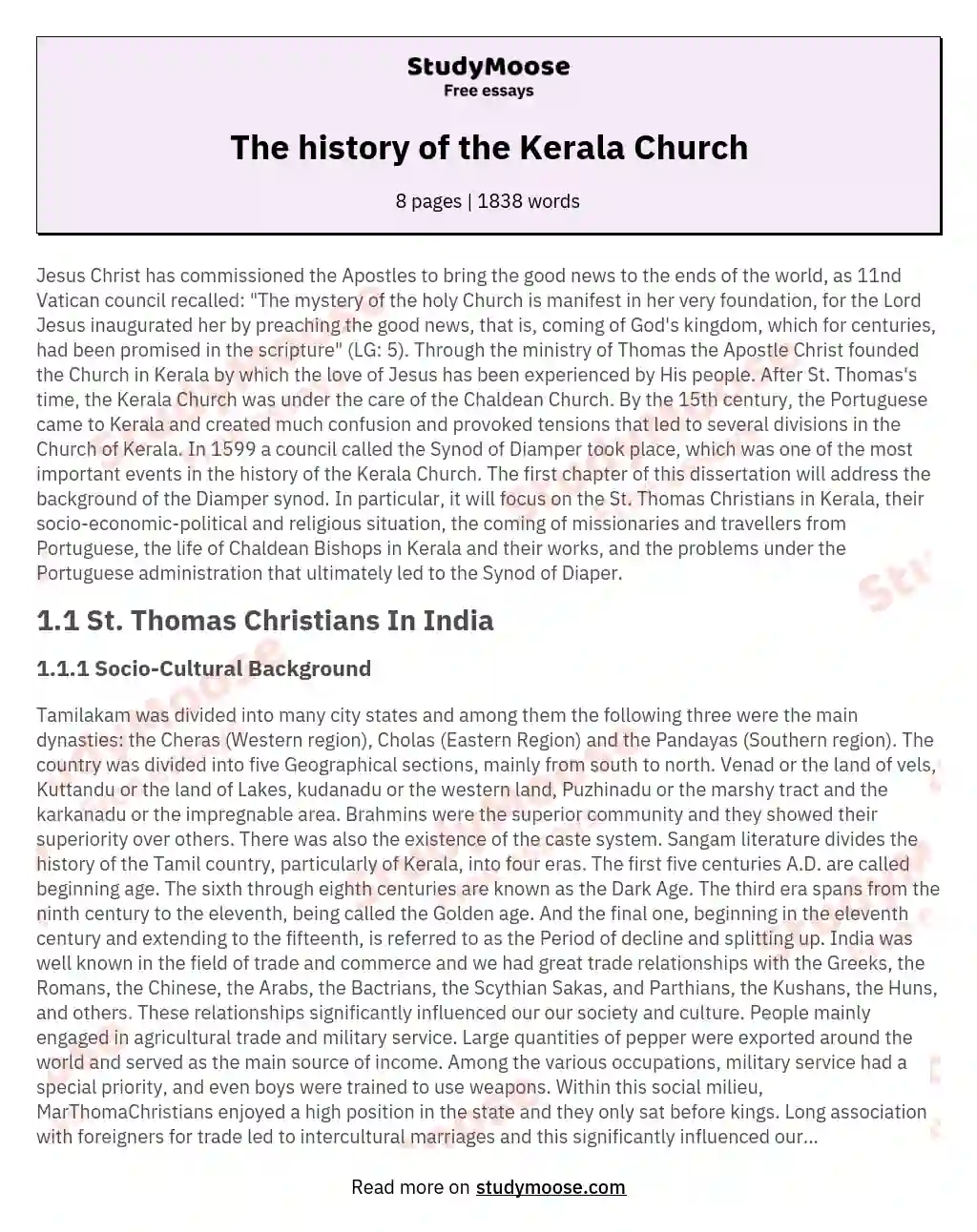 The history of the Kerala Church essay