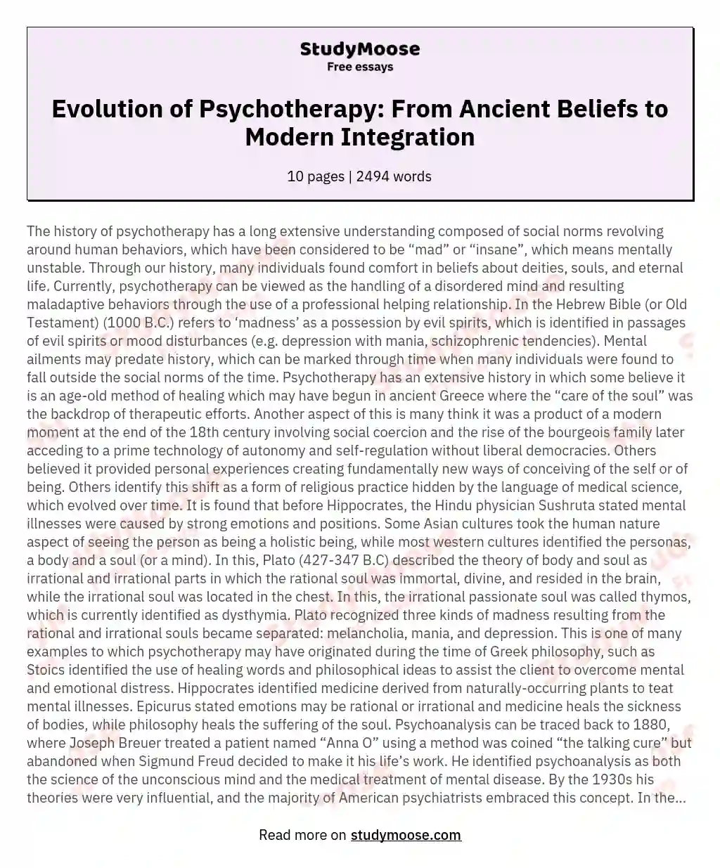 Evolution of Psychotherapy: From Ancient Beliefs to Modern Integration essay
