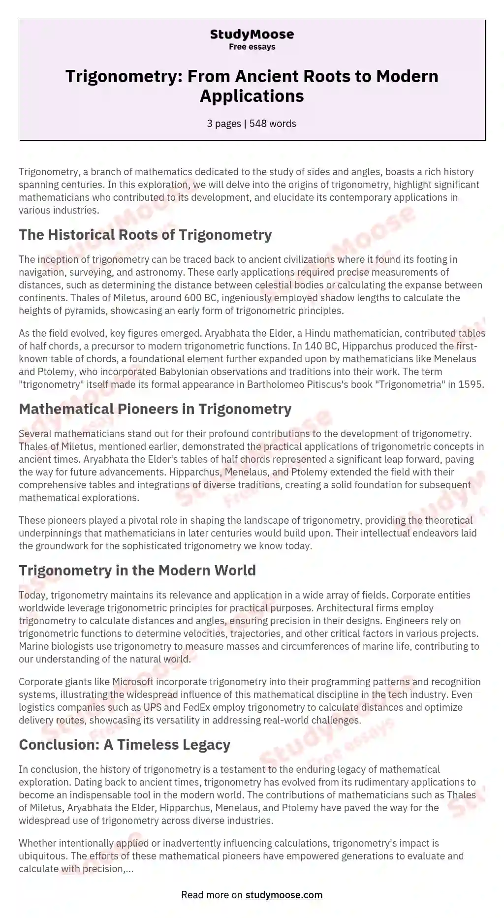 Trigonometry: From Ancient Roots to Modern Applications essay
