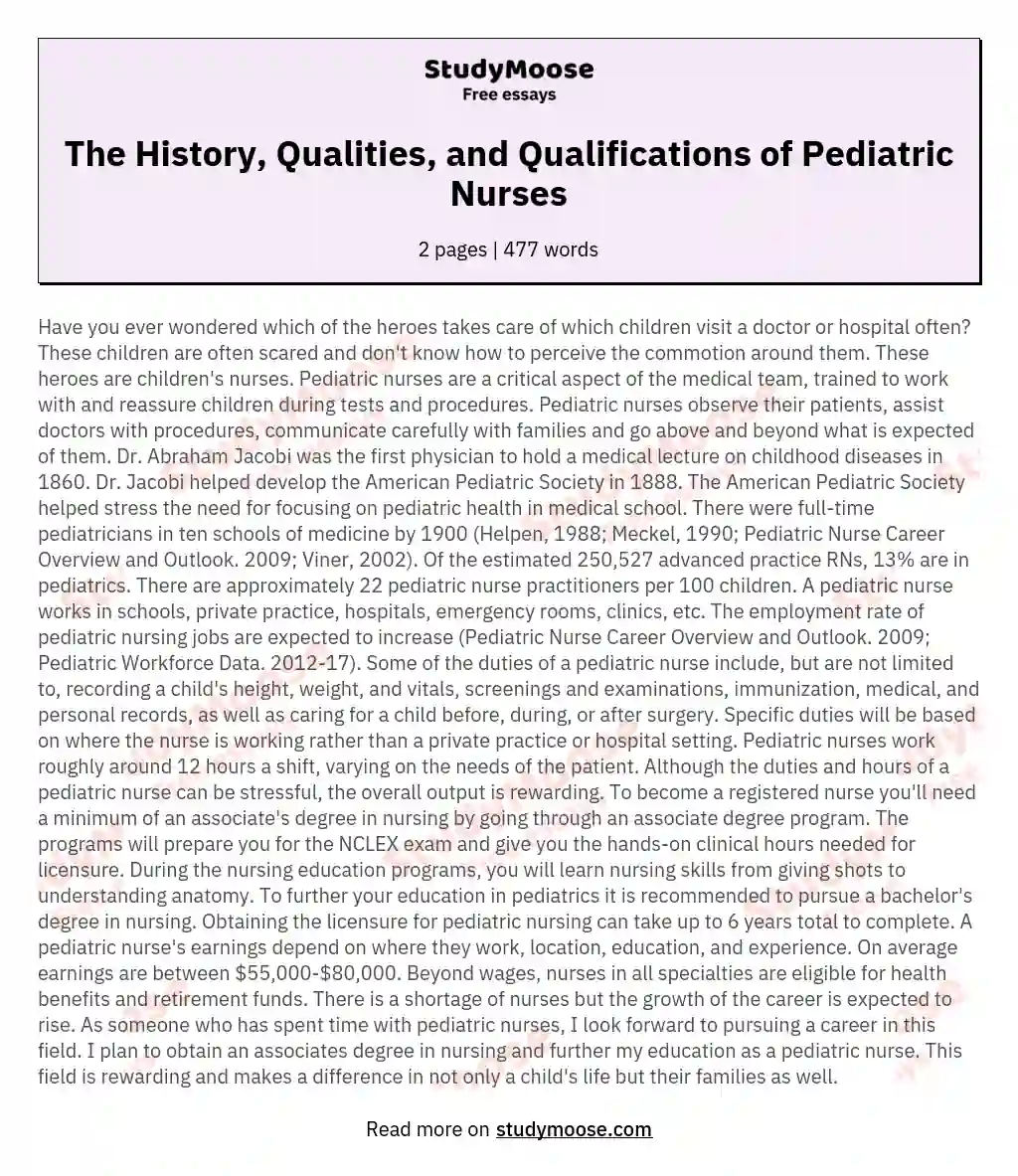 The History, Qualities, and Qualifications of Pediatric Nurses essay