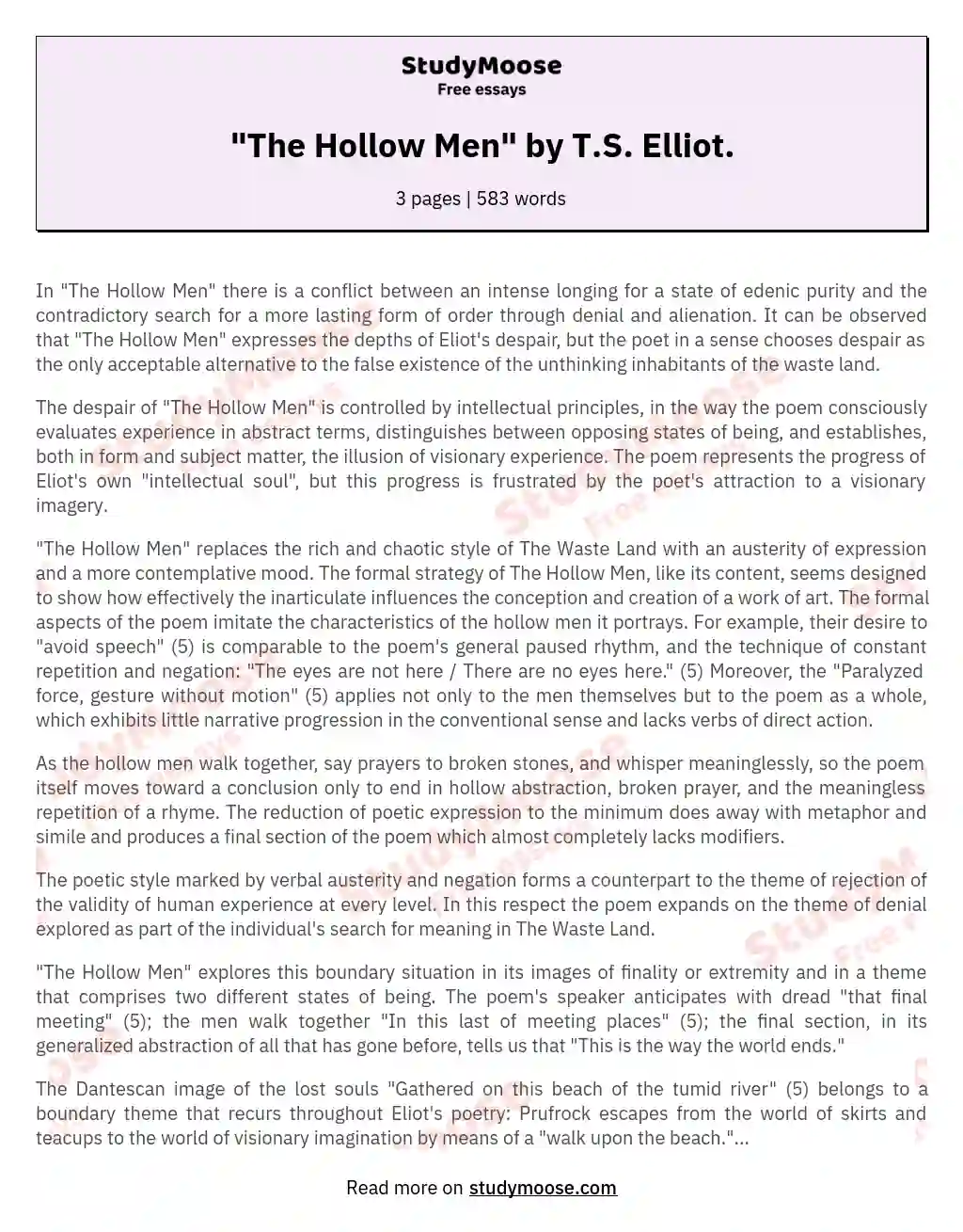 "The Hollow Men" by T.S. Elliot. essay