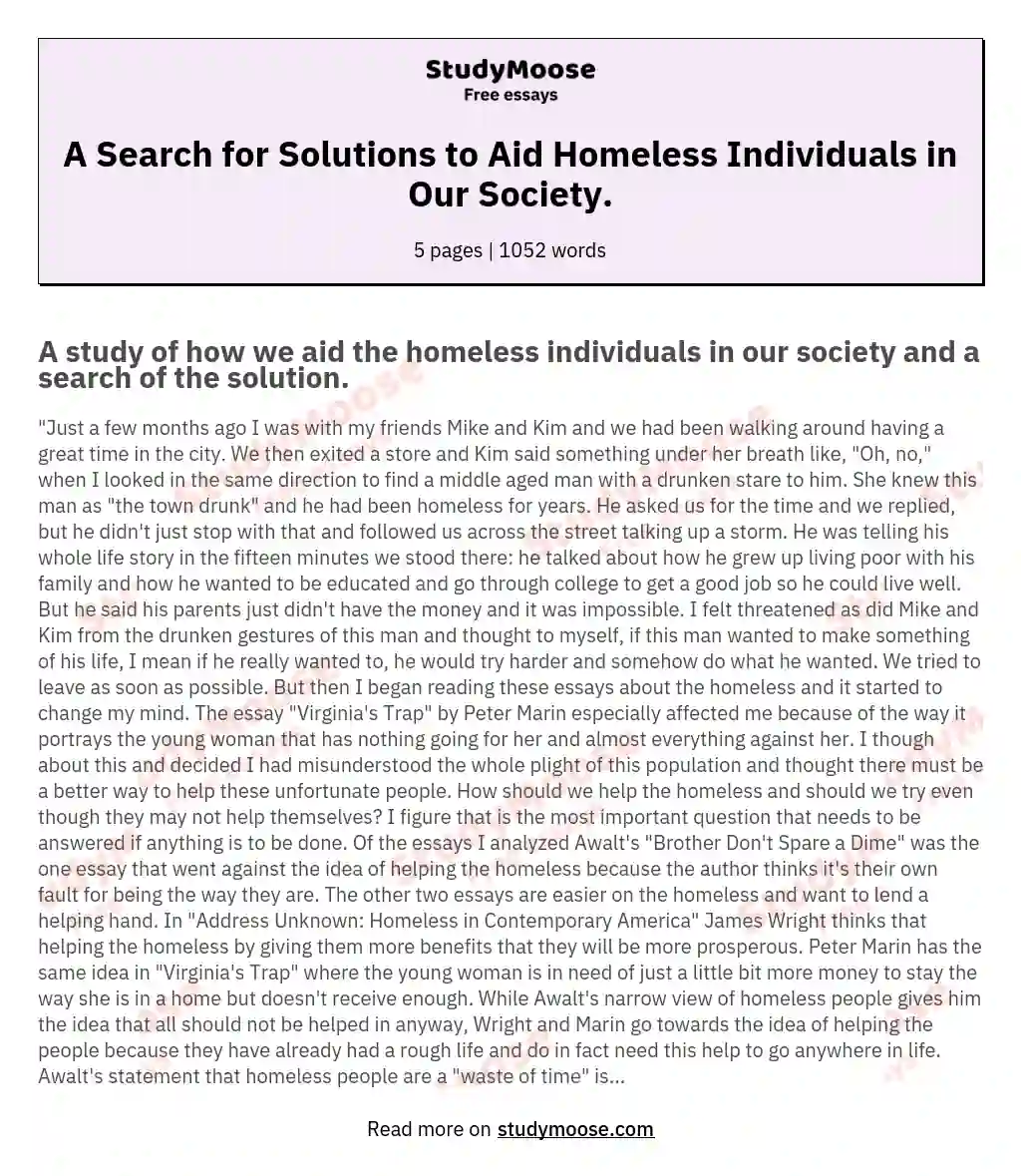 A Search for Solutions to Aid Homeless Individuals in Our Society. essay