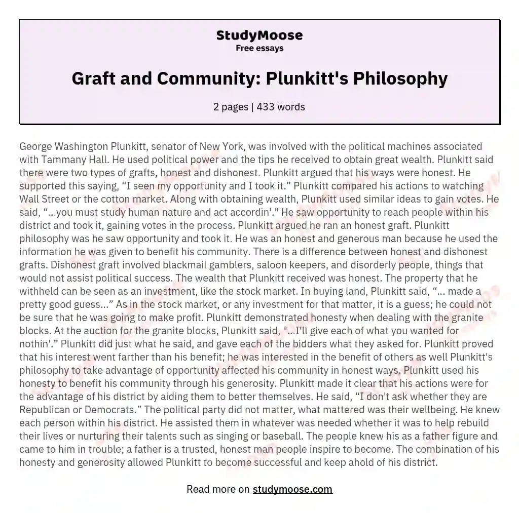Graft and Community: Plunkitt's Philosophy essay