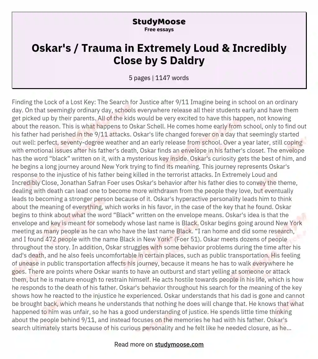 Oskar's / Trauma in Extremely Loud & Incredibly Close by S Daldry essay