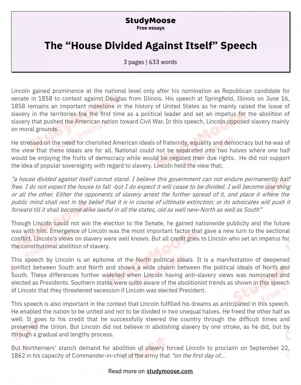 The “House Divided Against Itself” Speech essay