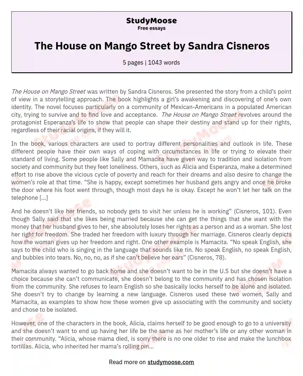The House on Mango Street by Sandra Cisneros essay