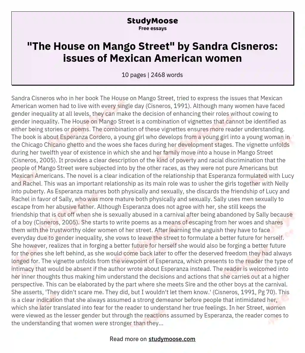 "The House on Mango Street" by Sandra Cisneros: issues of Mexican American women essay
