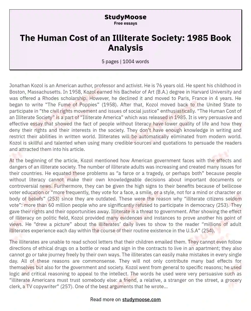 The Human Cost of an Illiterate Society: 1985 Book Analysis essay