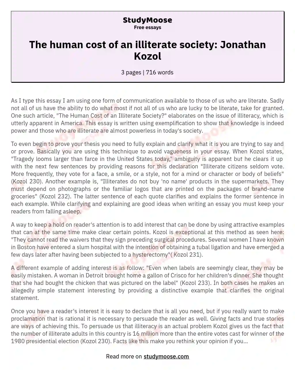 The human cost of an illiterate society: Jonathan Kozol essay