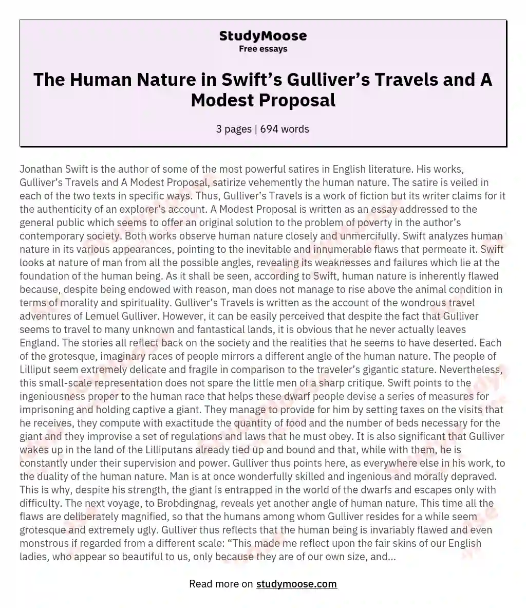 The Human Nature in Swift’s Gulliver’s Travels and A Modest Proposal essay