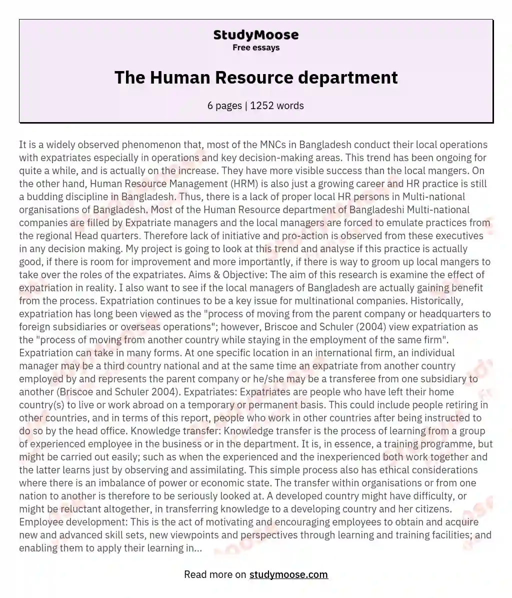 The Human Resource department essay