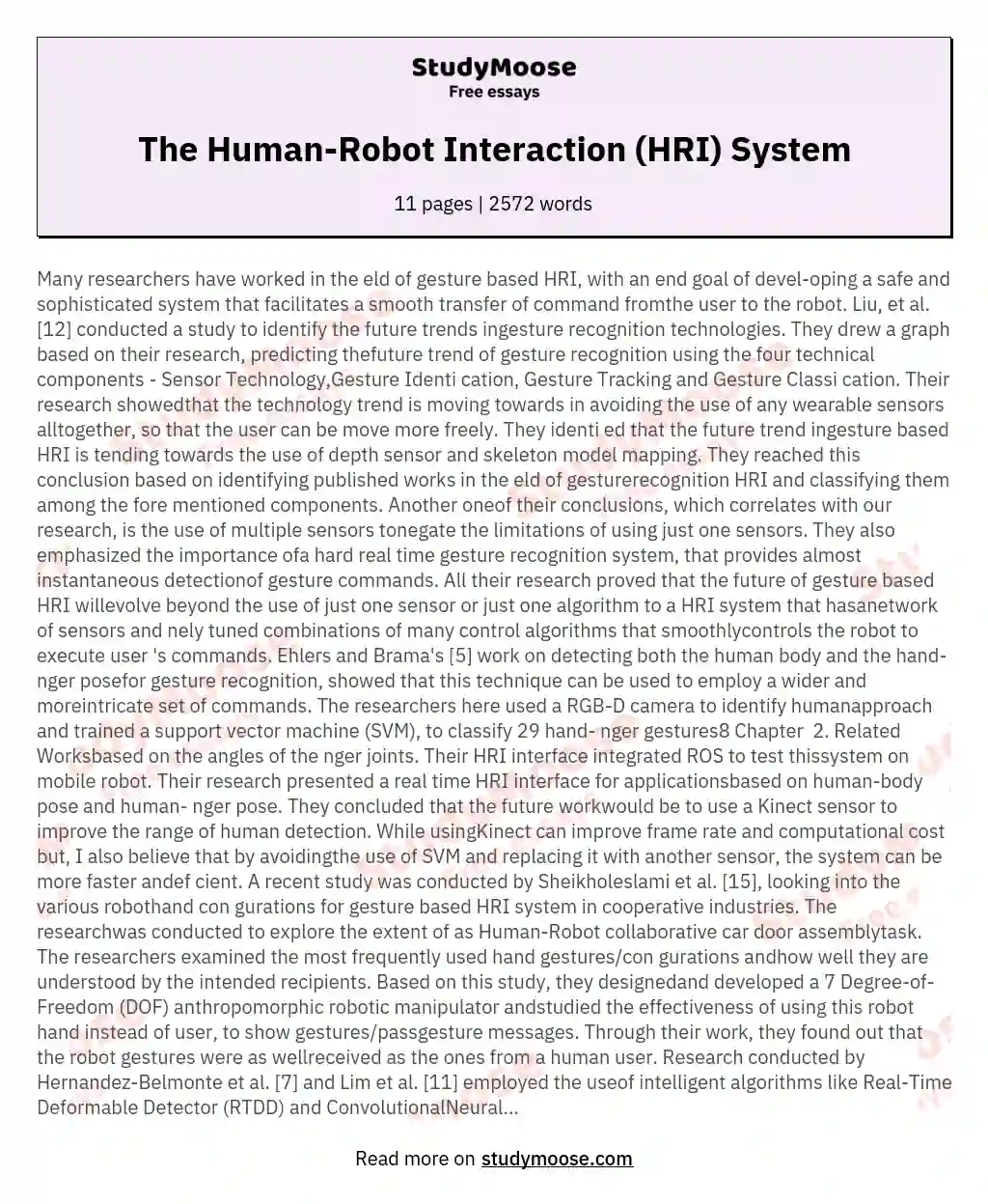 The Human-Robot Interaction (HRI) System essay