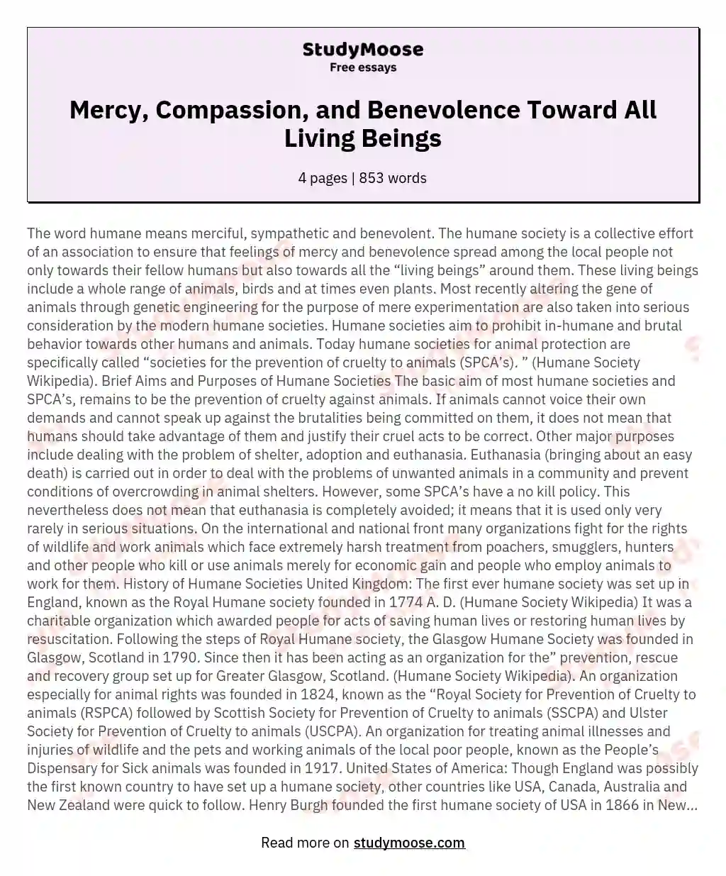 Mercy, Compassion, and Benevolence Toward All Living Beings essay