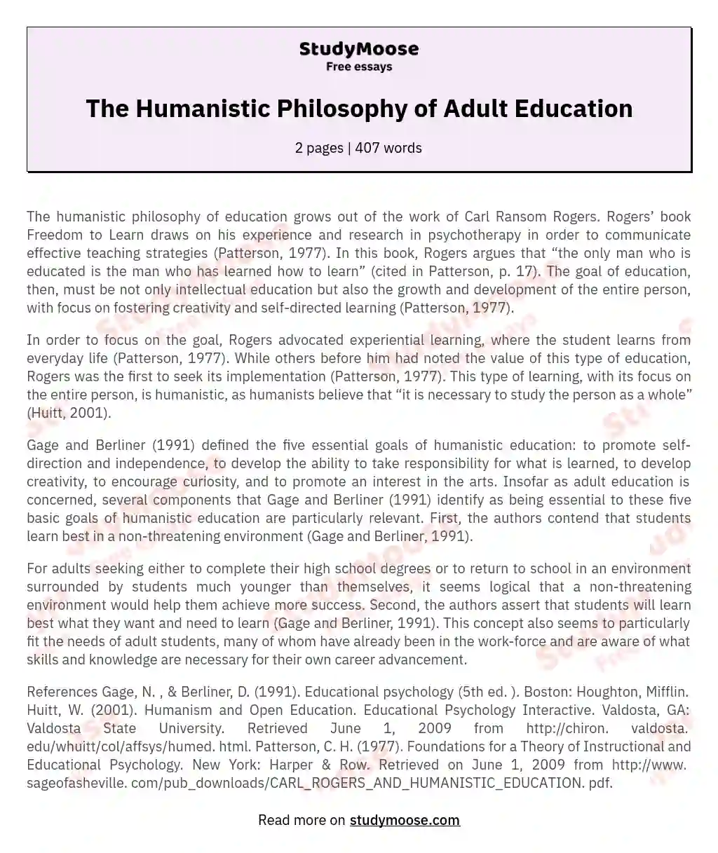 The Humanistic Philosophy of Adult Education essay