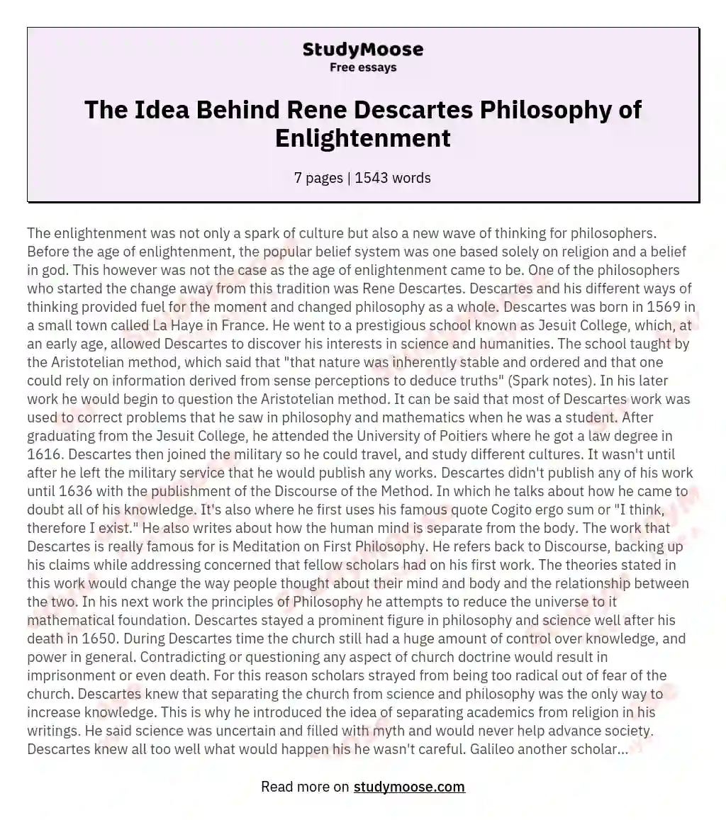 The Idea Behind Rene Descartes Philosophy of Enlightenment essay
