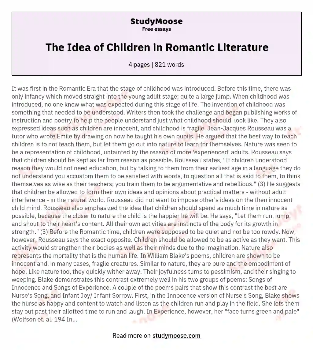 The Idea of Children in Romantic Literature essay