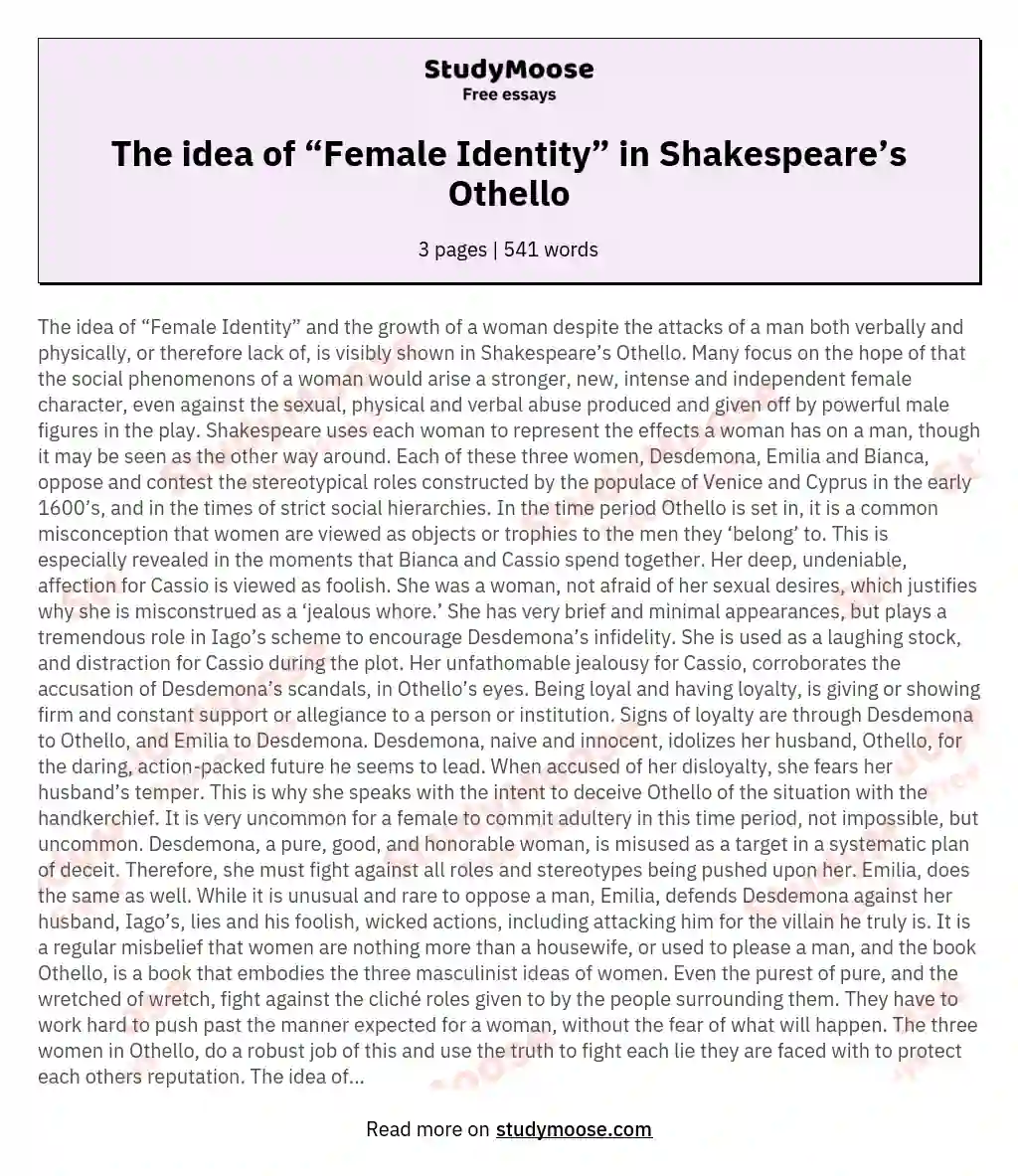 The idea of “Female Identity” in Shakespeare’s Othello essay