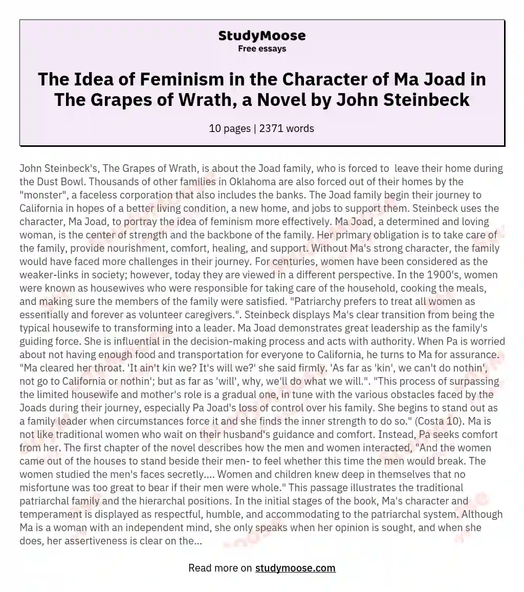 The Idea of Feminism in the Character of Ma Joad in The Grapes of Wrath, a Novel by John Steinbeck essay