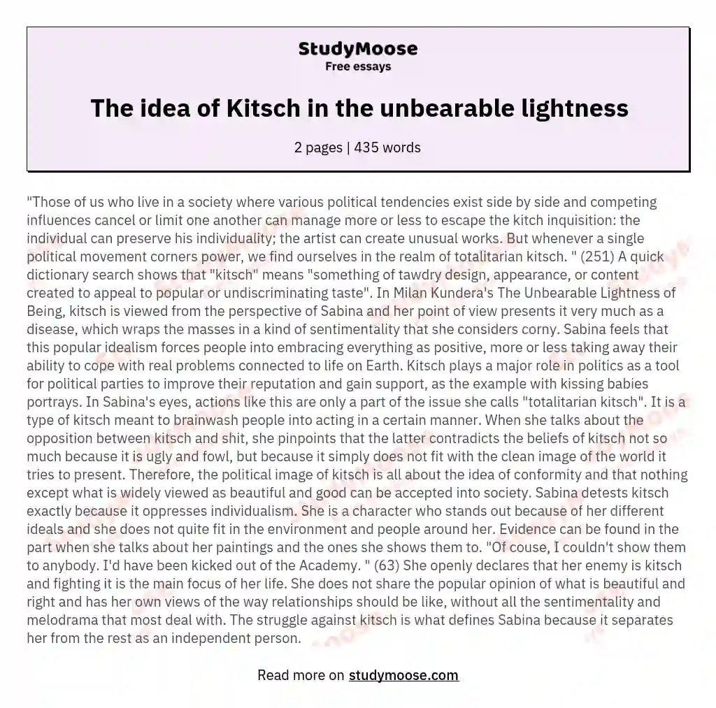 The idea of Kitsch in the unbearable lightness essay