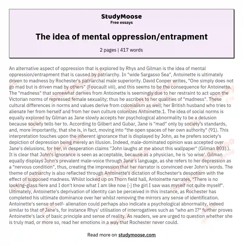 The idea of mental oppression/entrapment essay