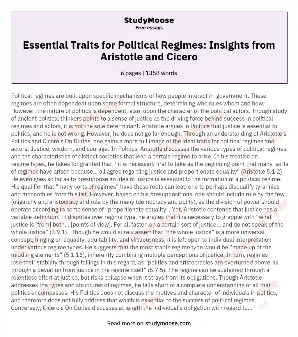 Essential Traits for Political Regimes: Insights from Aristotle and Cicero essay