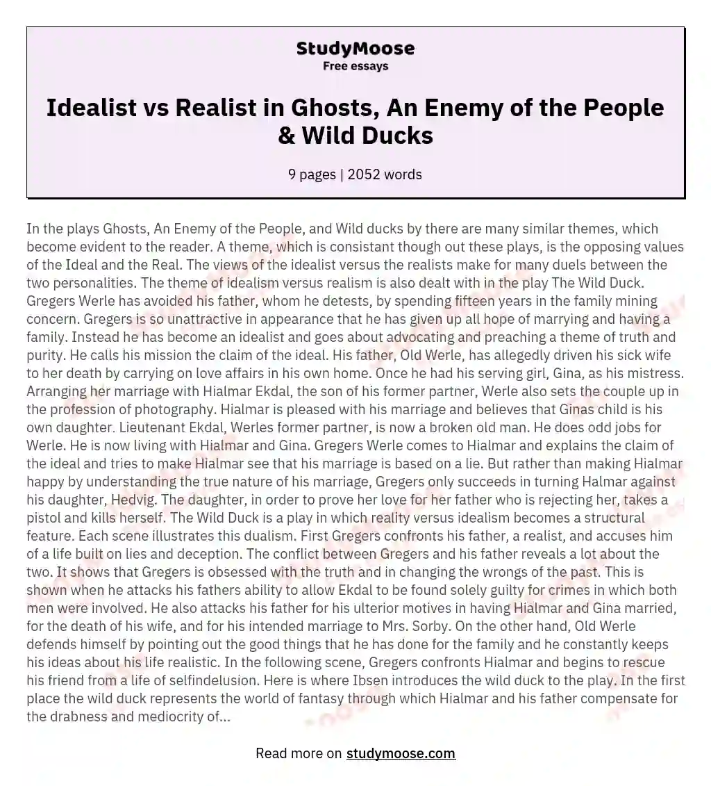 Idealist vs Realist in Ghosts, An Enemy of the People & Wild Ducks essay