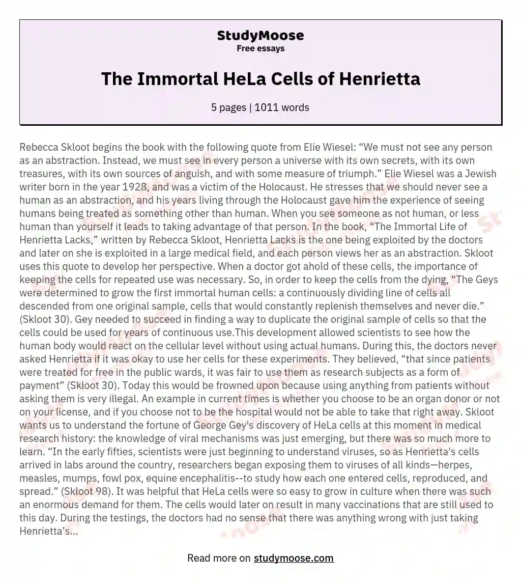 The Immortal HeLa Cells of Henrietta essay