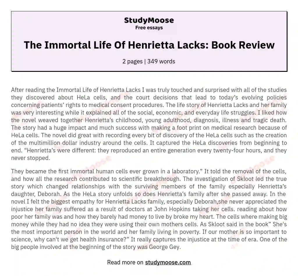 the immortal life of henrietta lacks essay