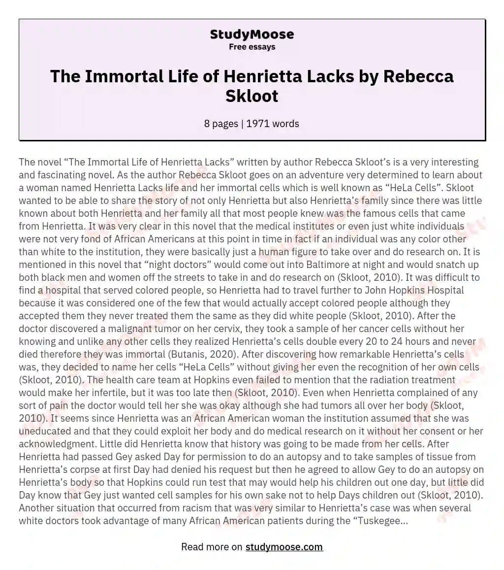 The Immortal Life of Henrietta Lacks by Rebecca Skloot essay