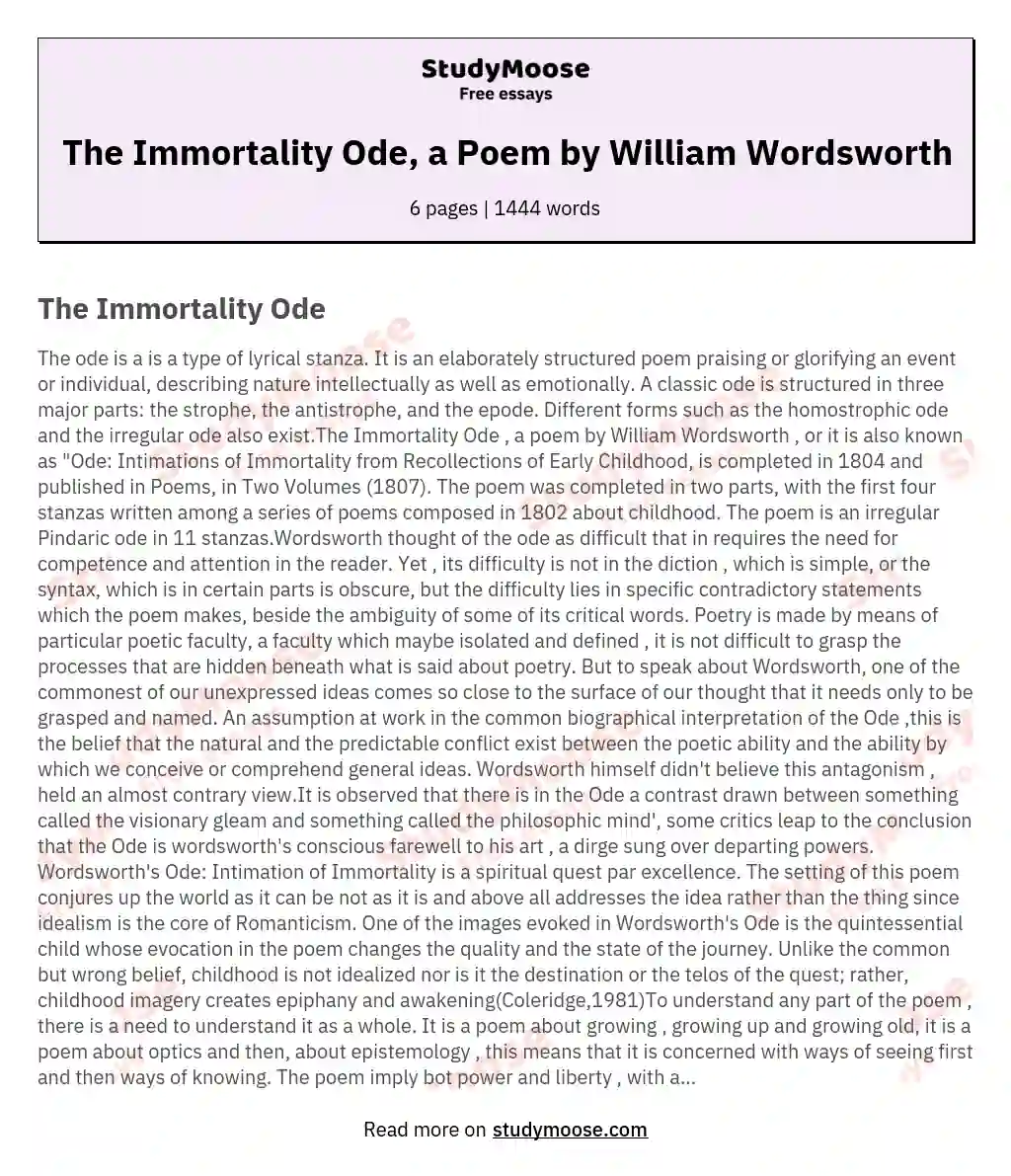 The Immortality Ode, a Poem by William Wordsworth essay