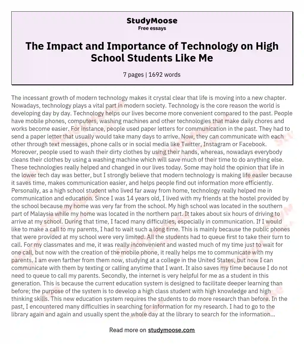 The Impact and Importance of Technology on High School Students Like Me essay