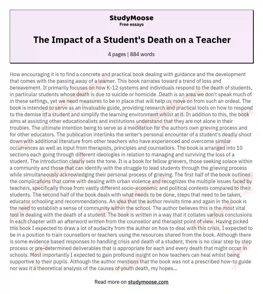 The Impact of a Student's Death on a Teacher essay