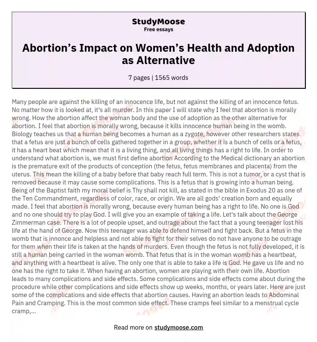 Abortion’s Impact on Women’s Health and Adoption as Alternative essay