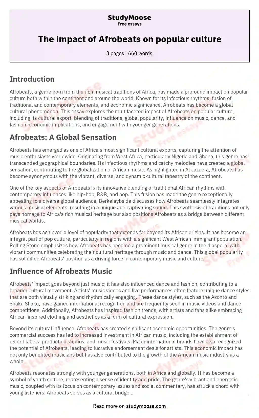 The impact of Afrobeats on popular culture essay