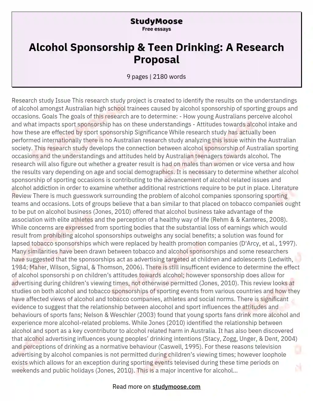 The Impact of Alcohol Sponsorship of Sporting Events on Consumption of Alcohol Amongst High School Students: a Research Proposal