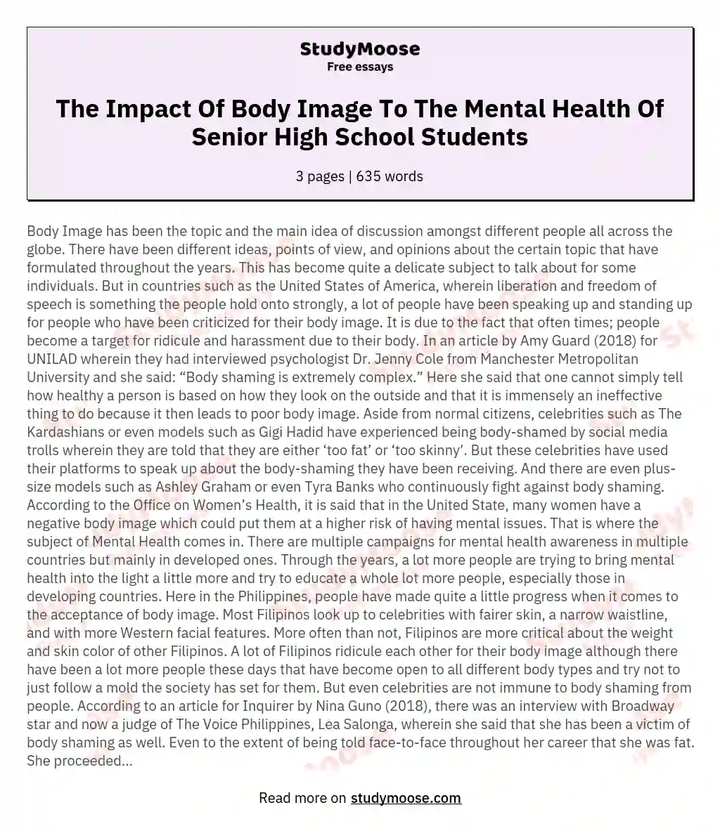 The Impact Of Body Image To The Mental Health Of Senior High School Students essay