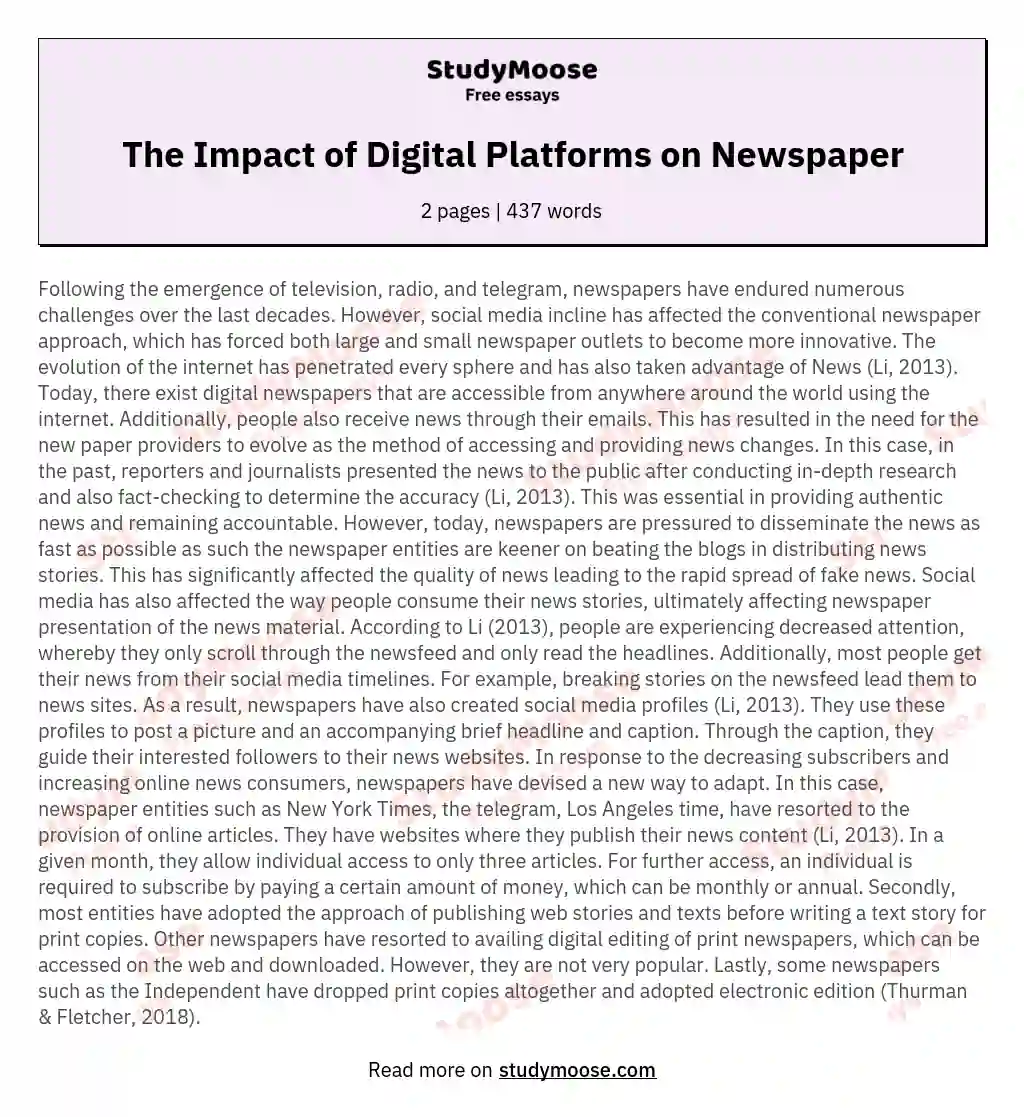 The Impact of Digital Platforms on Newspaper essay