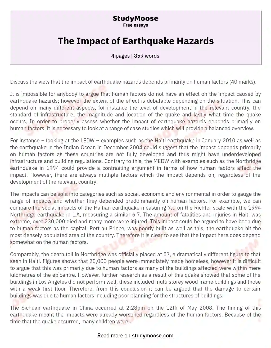 The Impact of Earthquake Hazards essay