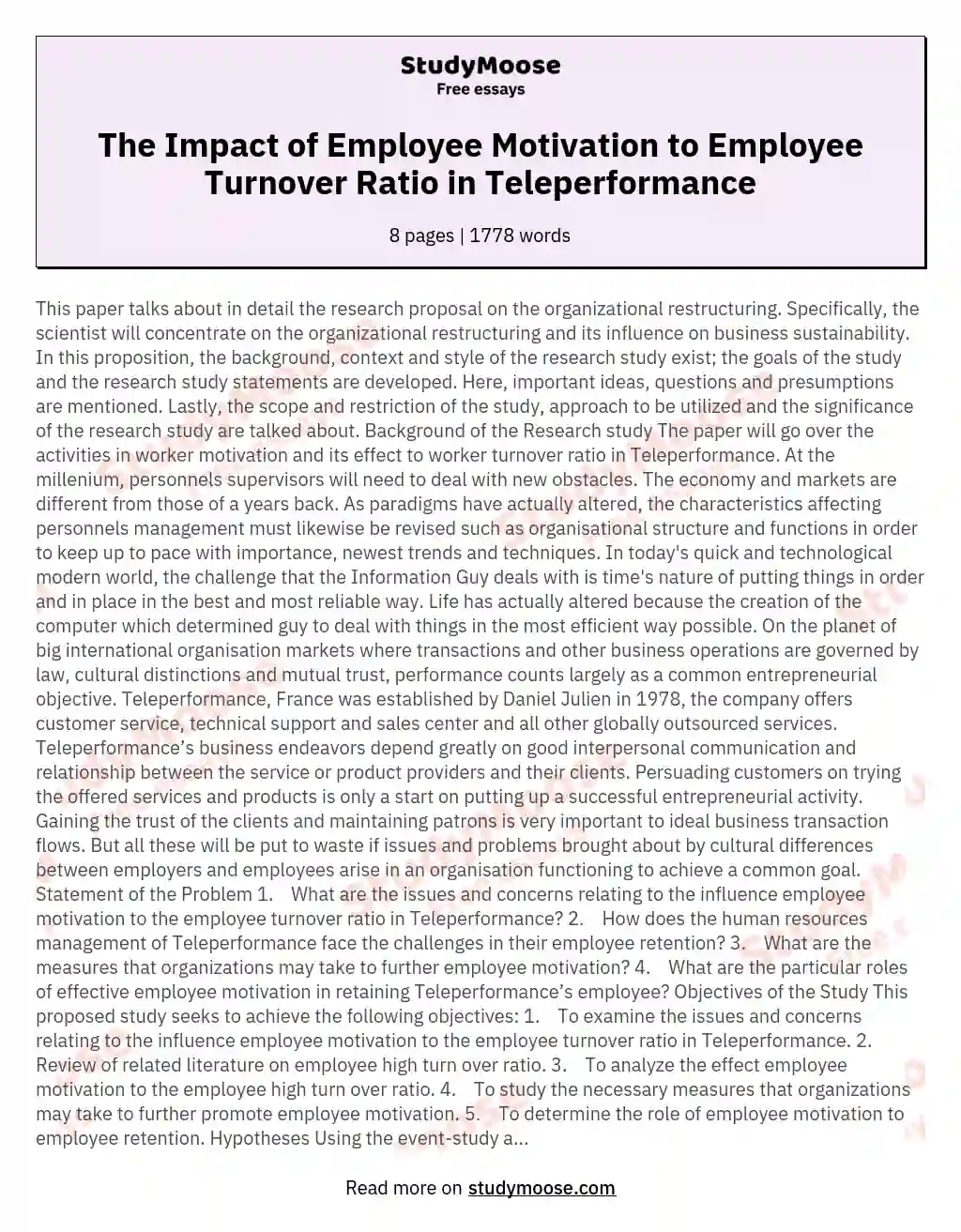 The Impact of Employee Motivation to Employee Turnover Ratio in Teleperformance
